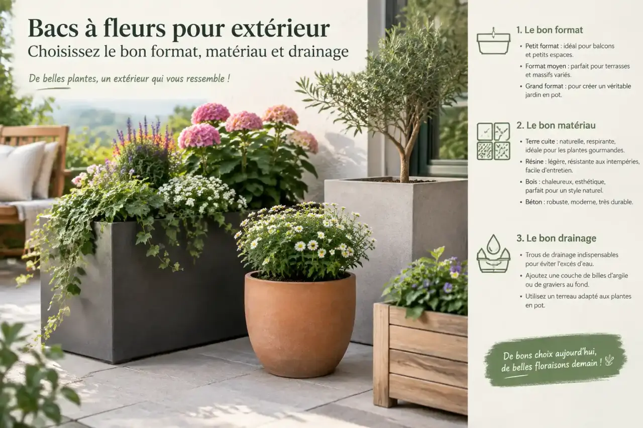 Bacs à fleurs pour extérieur : choisissez le bon format, matériau et drainage