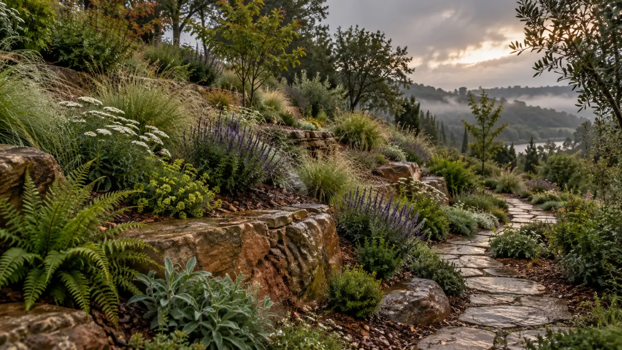 Jardin naturaliste aménagé sur un terrain argileux en pente