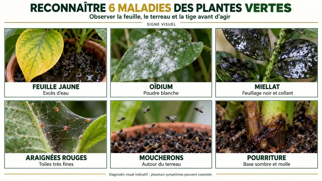 Infographie pour reconnaître une maladie des plantes vertes selon les symptômes visibles