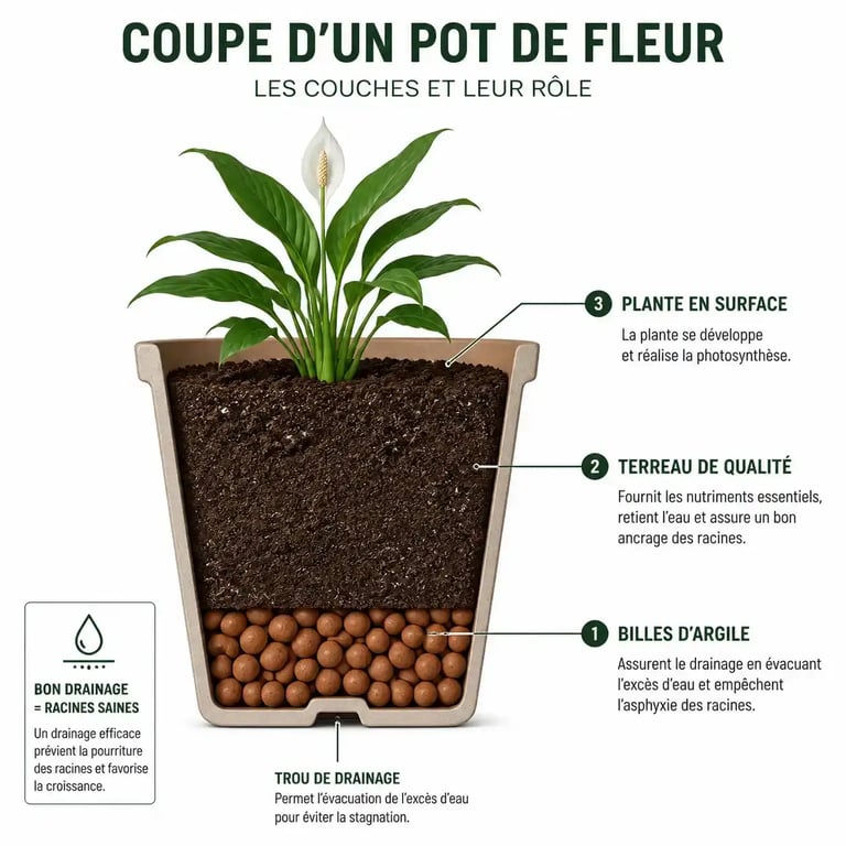 Schéma de drainage pour plantes extérieur terrasse en pot avec billes d'argile
