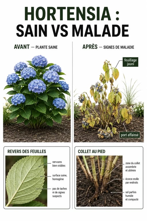 Maladie hortensia : comparaison visuelle entre hortensia sain et hortensia malade avec inspection du revers des feuilles et du collet