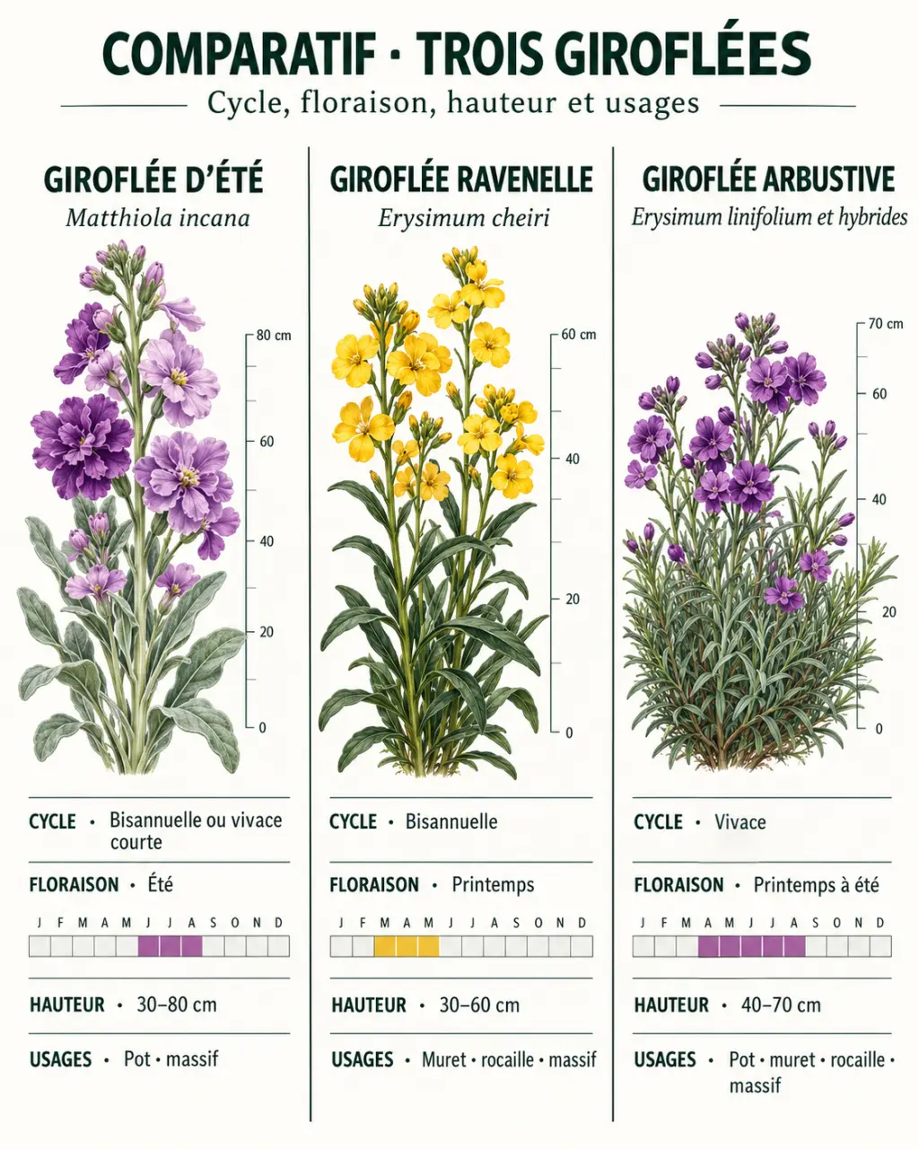 Graphique comparatif des types de giroflée vivace, de leurs floraisons et de leurs usages au jardin