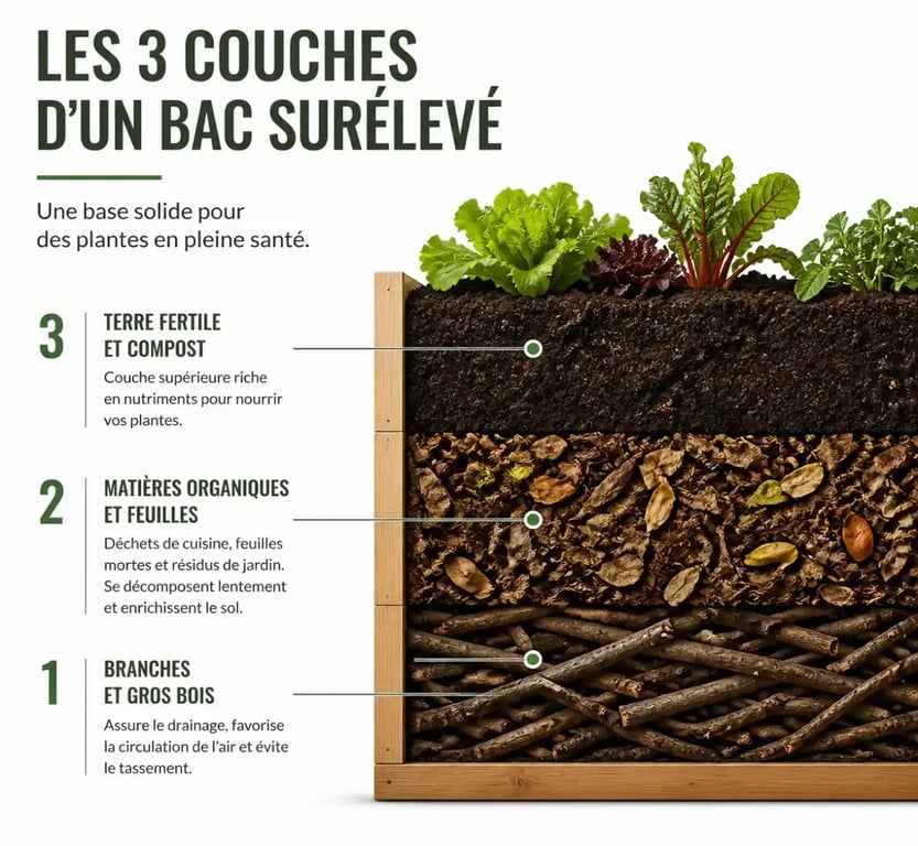 Schéma des couches de remplissage d'un potager en hauteur pour une fertilité optimale