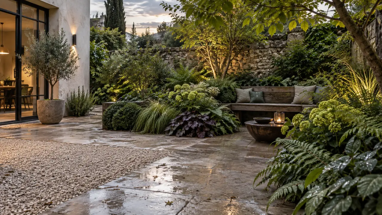 Patio transformé en jardin luxuriant composé de feuillages et de plantes naturalistes