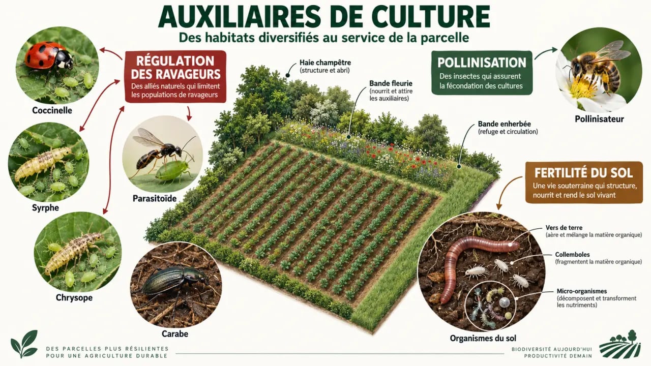 Illustration des auxiliaires de culture et de leurs rôles dans une parcelle agricole