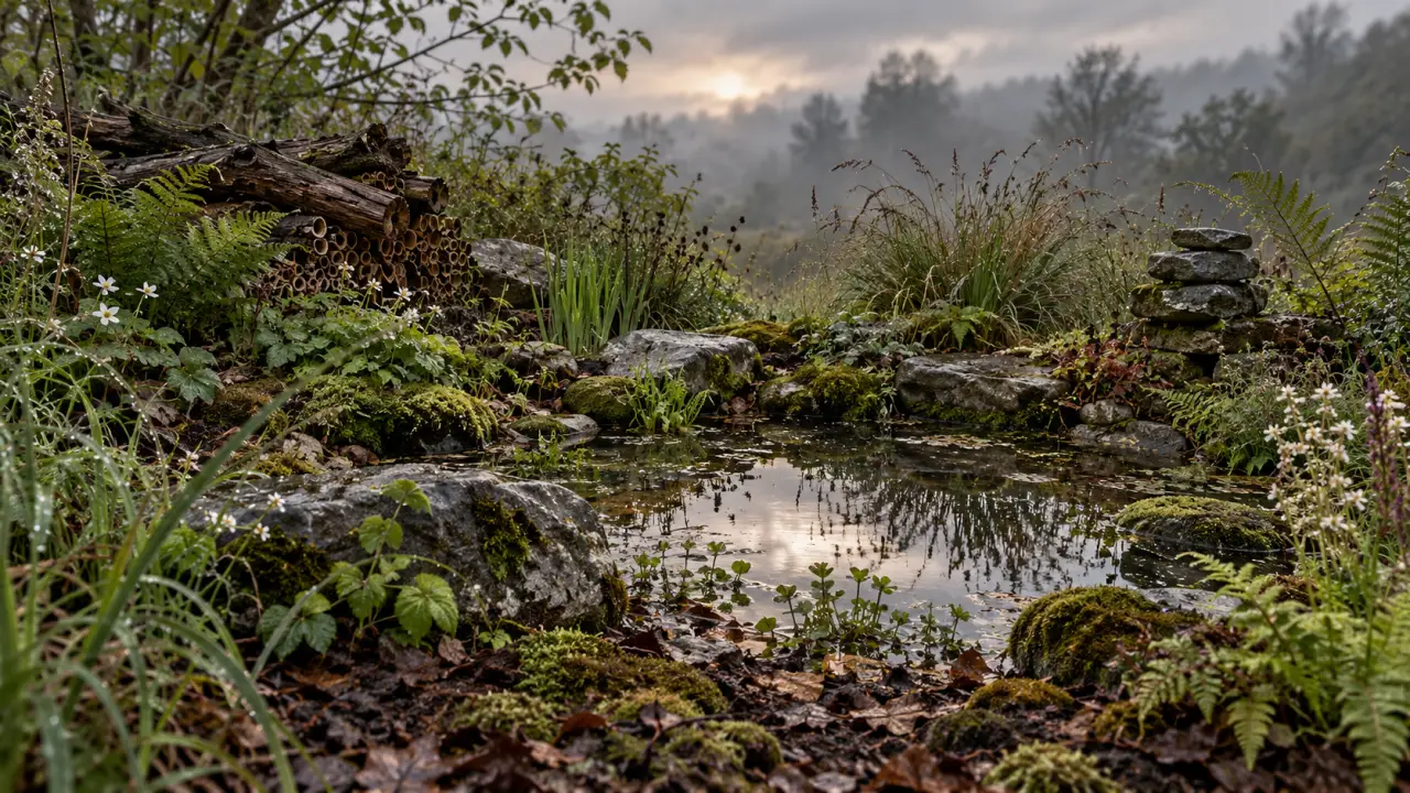 Jardin naturaliste composé de graminées, de fleurs sauvages et de refuges pour la biodiversité