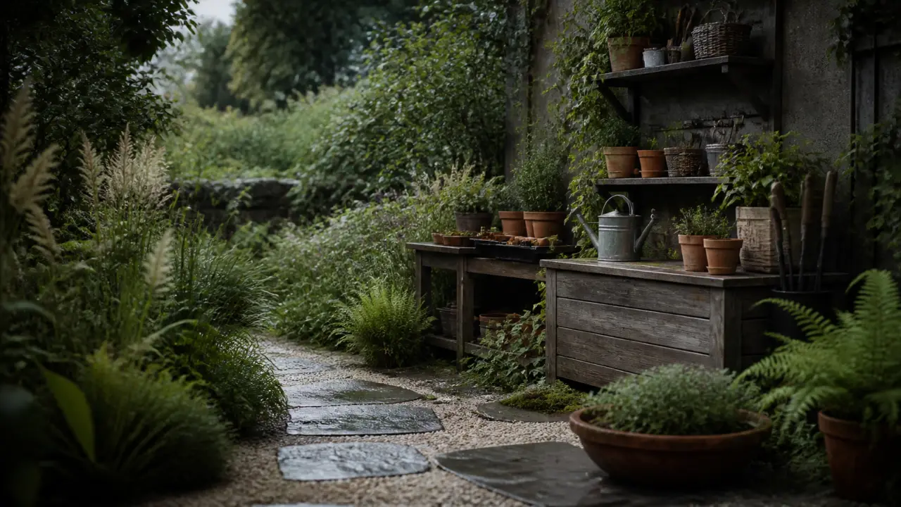 Coin jardin élégant avec pots en terre cuite, rangements en bois et allée dégagée