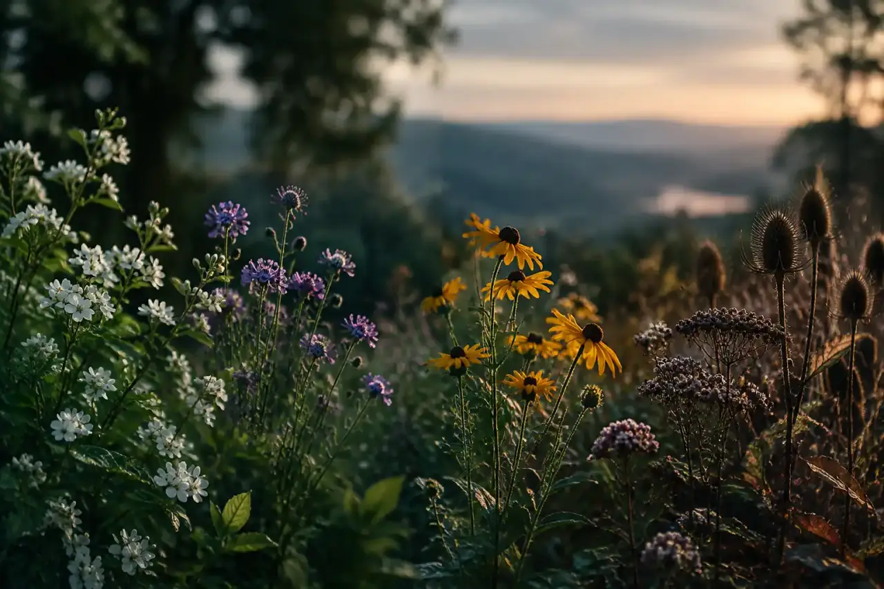 Fleurs sauvages et graminées dans un jardin naturaliste baigné de lumière dorée