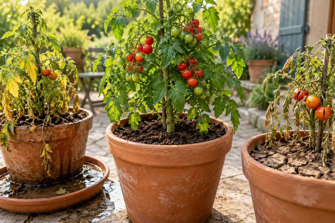 Tomate cerise en pot : 20 litres, tige enterrée et les erreurs d'arrosage qui ruinent la récolte