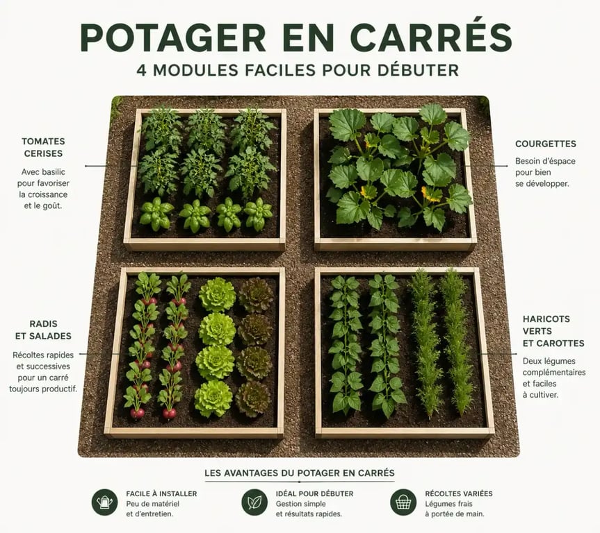 Plan potager debutant organisé en quatre carrés d'un mètre sur un mètre avec légumes variés
