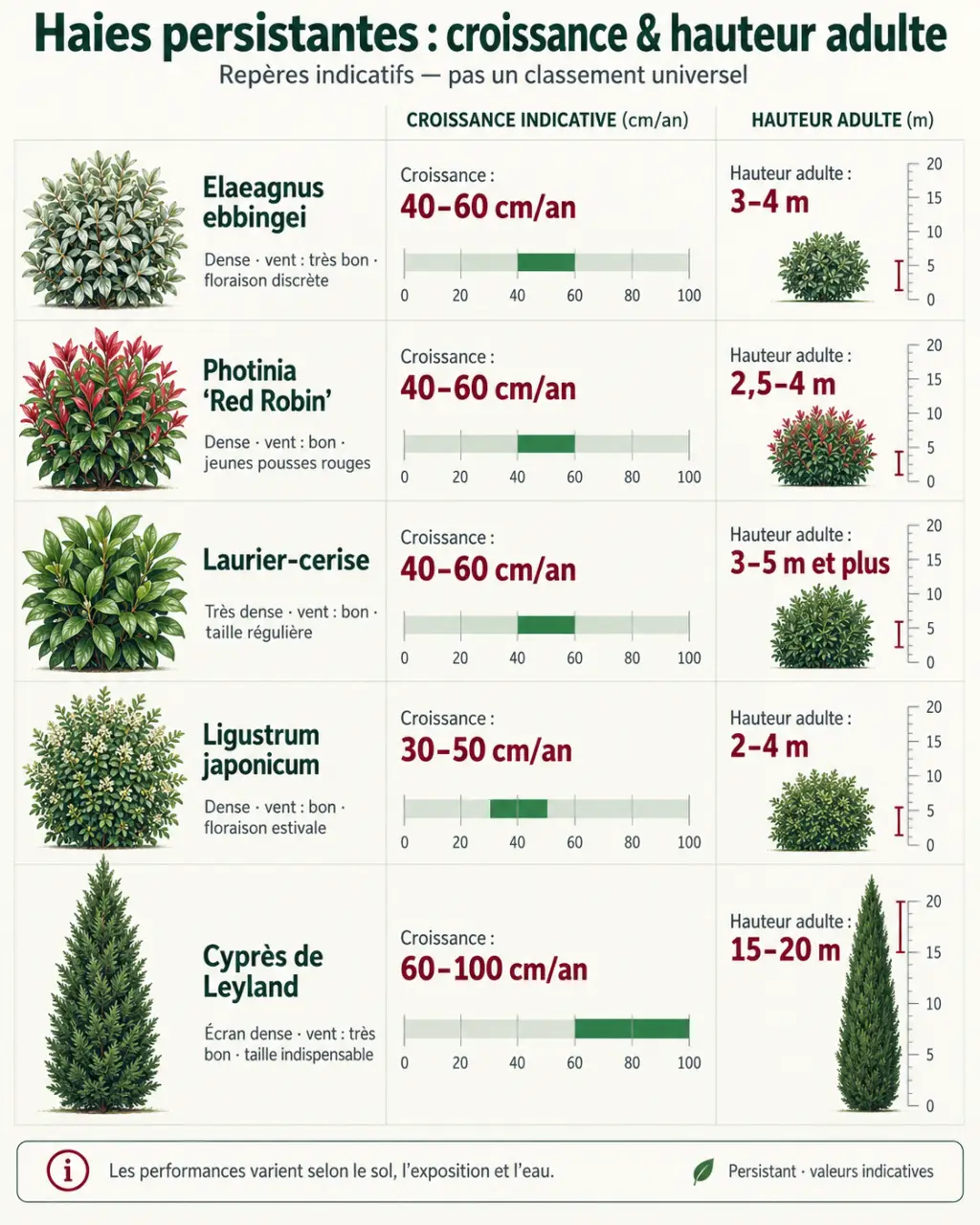 Infographie comparative des arbustes pour haie persistant selon leur croissance et leur hauteur adulte
