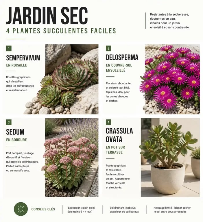 plantes grasses à fleurs extérieur en rocaille, potée et terrasse avec Sempervivum, Delosperma, Sedum et Crassula ovata