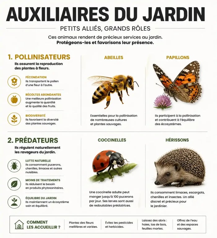 Infographie sur le rôle des animaux auxiliaires au jardin pour la biodiversité