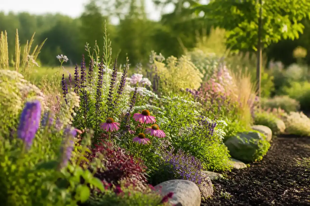 Un magnifique massif de style sauvage et naturaliste avec des graminées dorées et des fleurs délicates