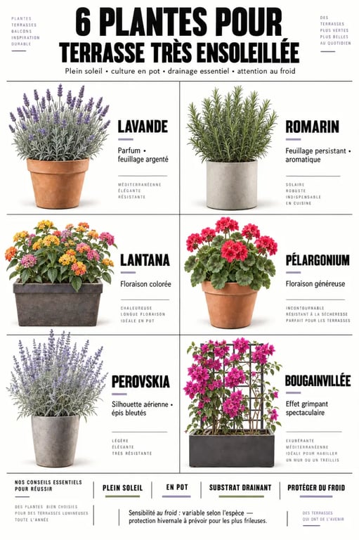 Infographie des plantes pour une terrasse ensoleillée : lavande, romarin, lantana, pelargonium, perovskia et bougainvillée